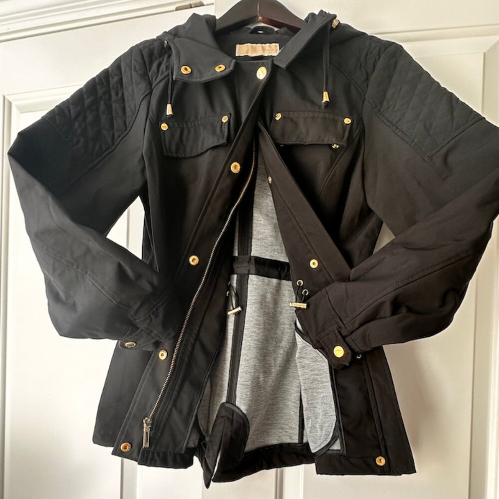 Michael Kors Womens Black Hooded Utility Rain Jacket Quilted Shoulders Sz M